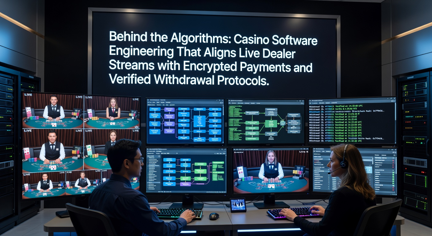 Casino software dashboard showing live dealer streams synchronized with encrypted payment processing and withdrawal verification systems