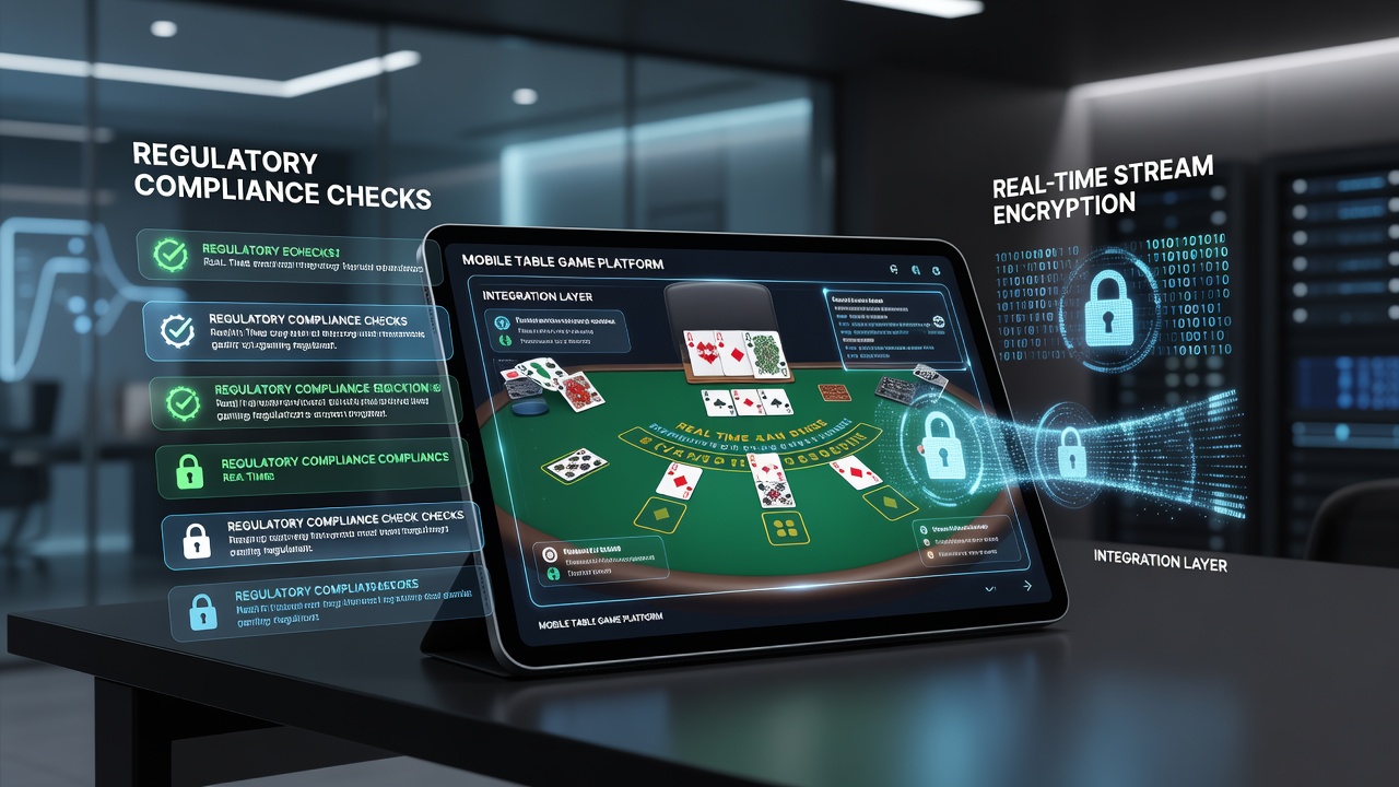 Technical diagram of real-time encryption and compliance check synchronization in mobile gaming platforms