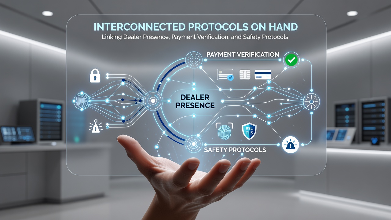 Illustration of payment verification flow integrated with dealer presence and handheld device safety protocols