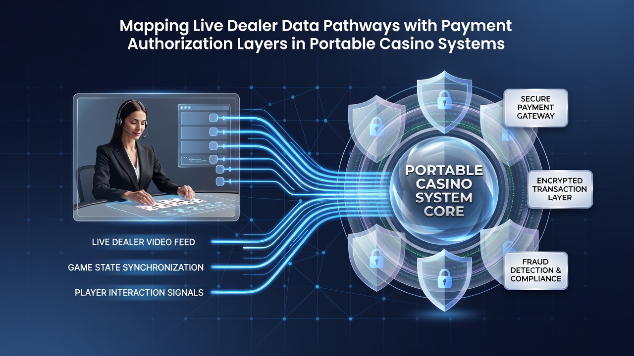 Diagram showing data flow from live dealer tables through mobile networks to payment authorization servers