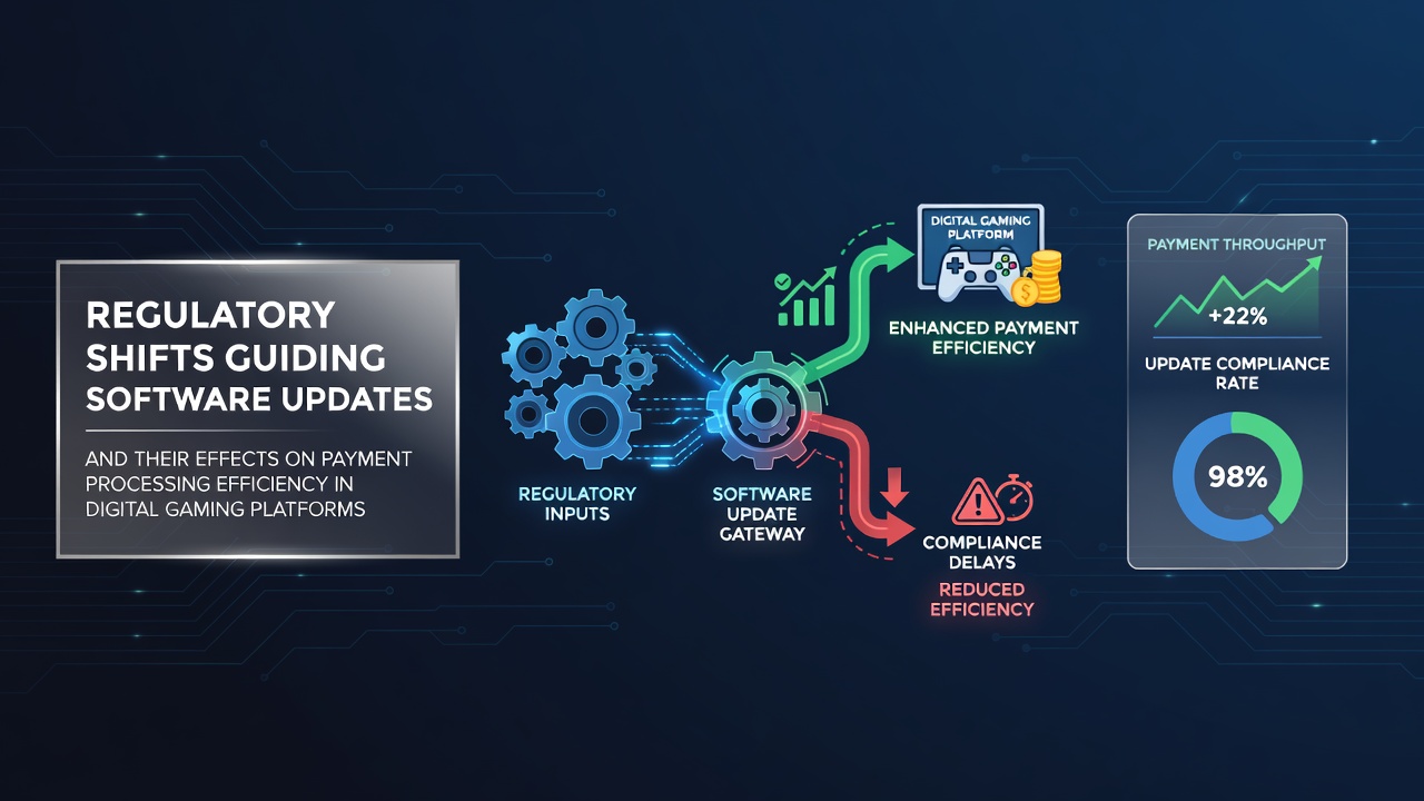 Digital interface showing regulatory compliance dashboards integrated with payment processing modules in gaming software
