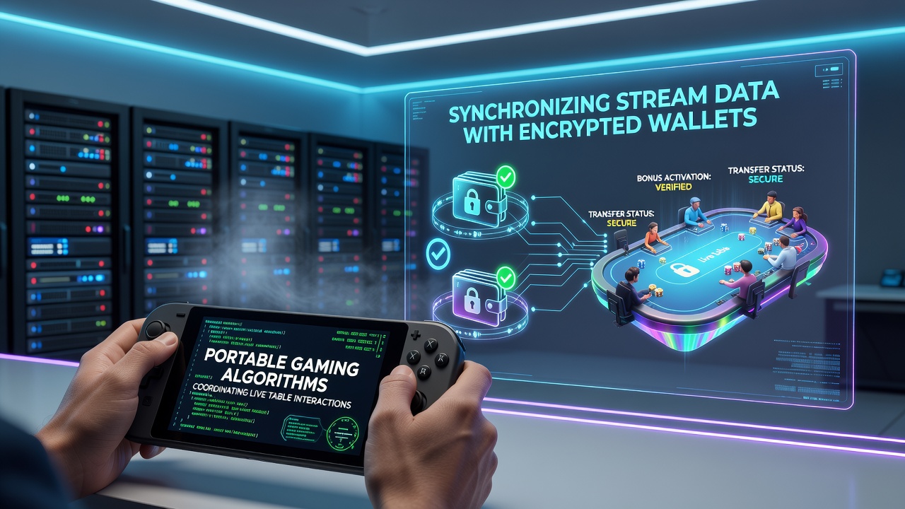 Mobile gaming interface showing synchronized live dealer stream and encrypted wallet transaction overlay