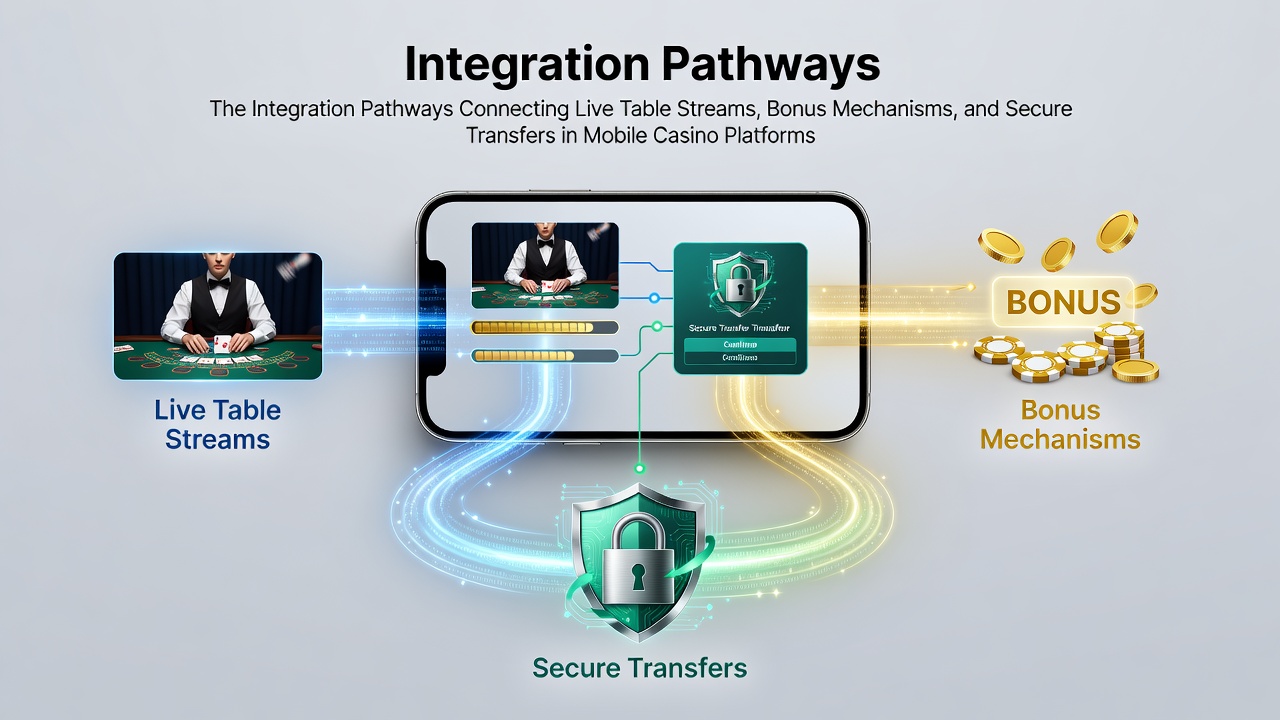 Mobile casino interface showing synchronized live table stream and bonus activation panel