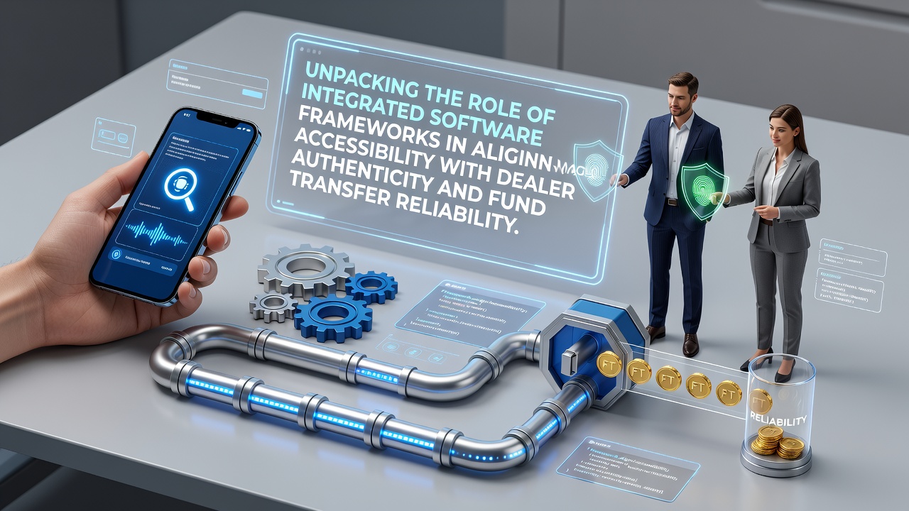 Integrated software framework dashboard showing mobile accessibility metrics alongside dealer verification and payment processing flows