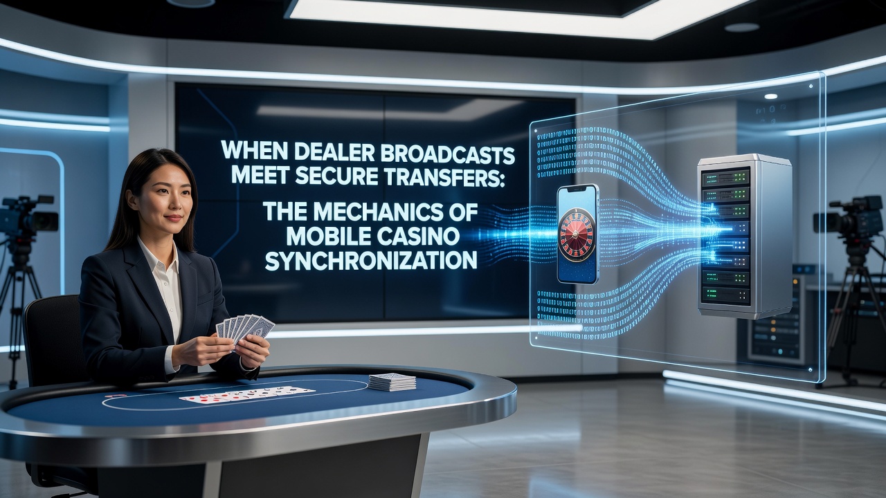 Technical diagram illustrating encrypted data flow between live dealer broadcast servers and mobile payment gateways